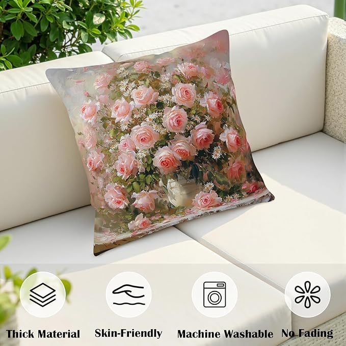 Retro Pink Flower Throw Pillow Covers Vintage Daisy Rose Floral Pillow Covers 18x18 Set of 2 Shabby Chic Oil Painting Outdoor Pillowcases for Home Bedroom Living Room Sofa Couch