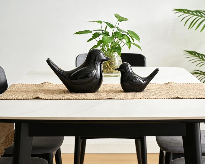 Small Black Bird Statue Ceramic 2-Piece Set, 3¾ inch Cute Knick Knack for Home Office Shelf Desk Decor