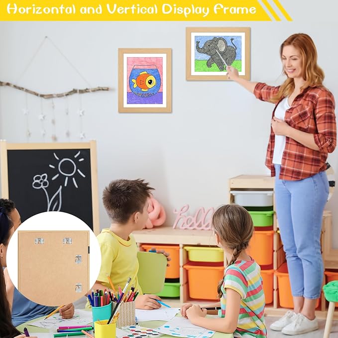 2 Pack Kids Artwork Frame - Natural Woodgrain, 10x12.5 & 8.5x11, Changeable Front Opening, Holds Crafts, Drawing, Art Project, Schoolwork