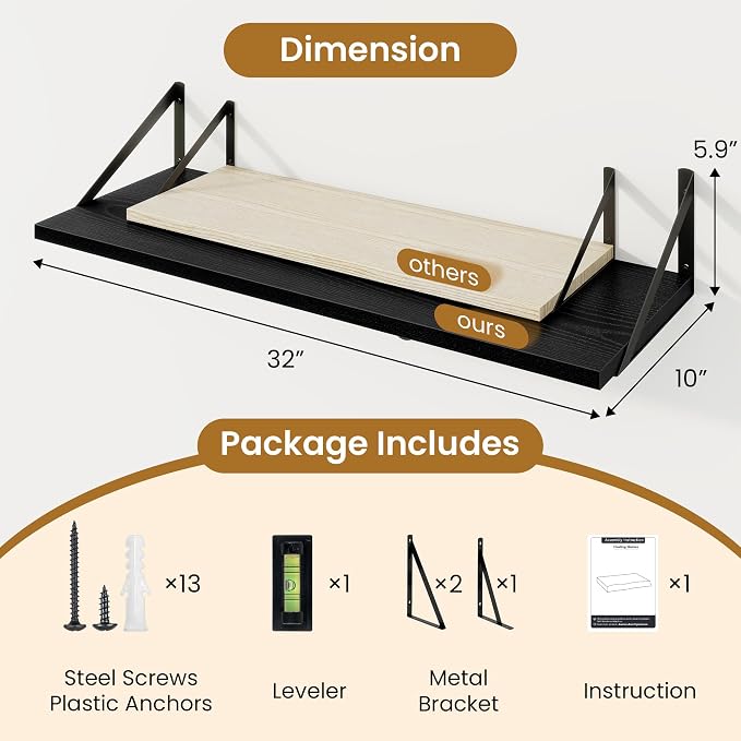 Acovy Floating Shelf for Wall,32" WX10 D Wood Floating Shelves with Sturdy Metal Bracket Set of 2,Wall Mounted Hanging Shelf for Bathroom,Bedroom,Kitchen,Black