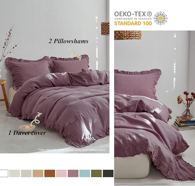 Simple&Opulence 100% Linen Duvet Cover Set, 3 PCS Natural French Flax Purple Ruffle Duvet Cover King Size, Breathable Comfy Linen Bedding Comforter Cover with 2 Pillowcases (Purple, 104" X 92")