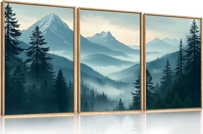 Large Misty Mountain Forest Framed Canvas Wall Art,Nature Pine Tree Wall Decor,Foggy Snow Woodland Painting,Watercolor Scenery Artwork for Living Room,Bedroom,Dining Room,Office -16"x24"x3