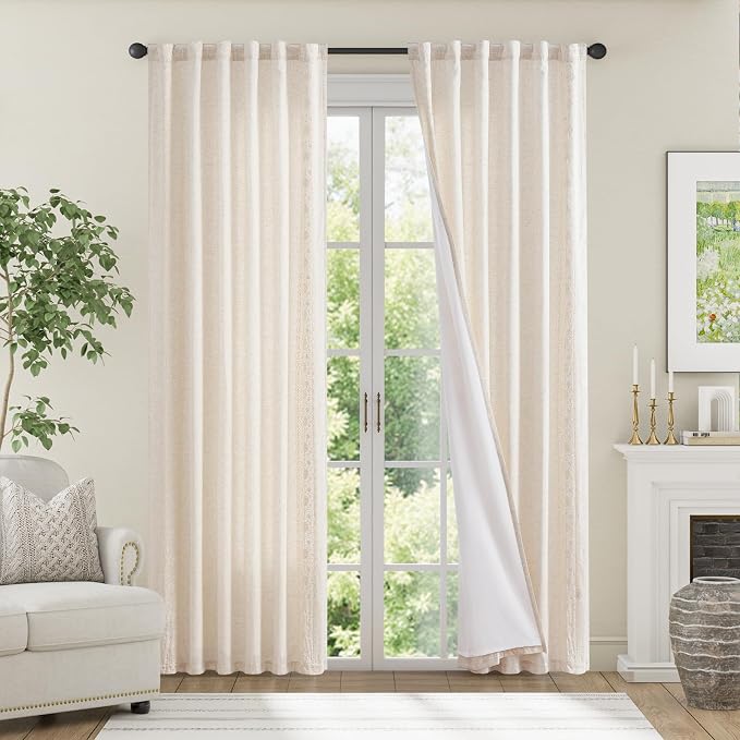 jinchan Weslie Boho Lined Linen Curtains for Bedroom Ivory Vintage Floral Farmhouse Curtains 90 Inches Long Linen Drapes for Living Room Embroidered Drapes Rod Pocket Ivory on Beige 2 Panels