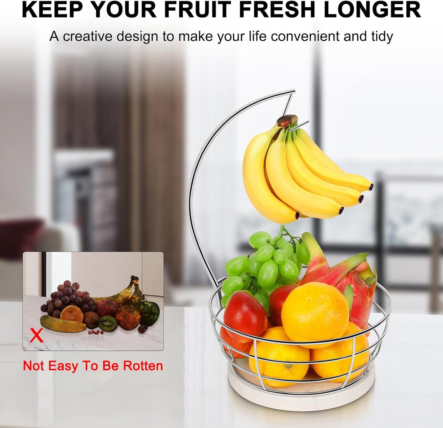 Livabber Countertop Fruit Basket Bowl with Banana Hanger, Modern Standing Fruit Vegetable Bowl Storage, with Banana Tree Holder for Kitchen Dinning Table (Round Marble, Chrome)