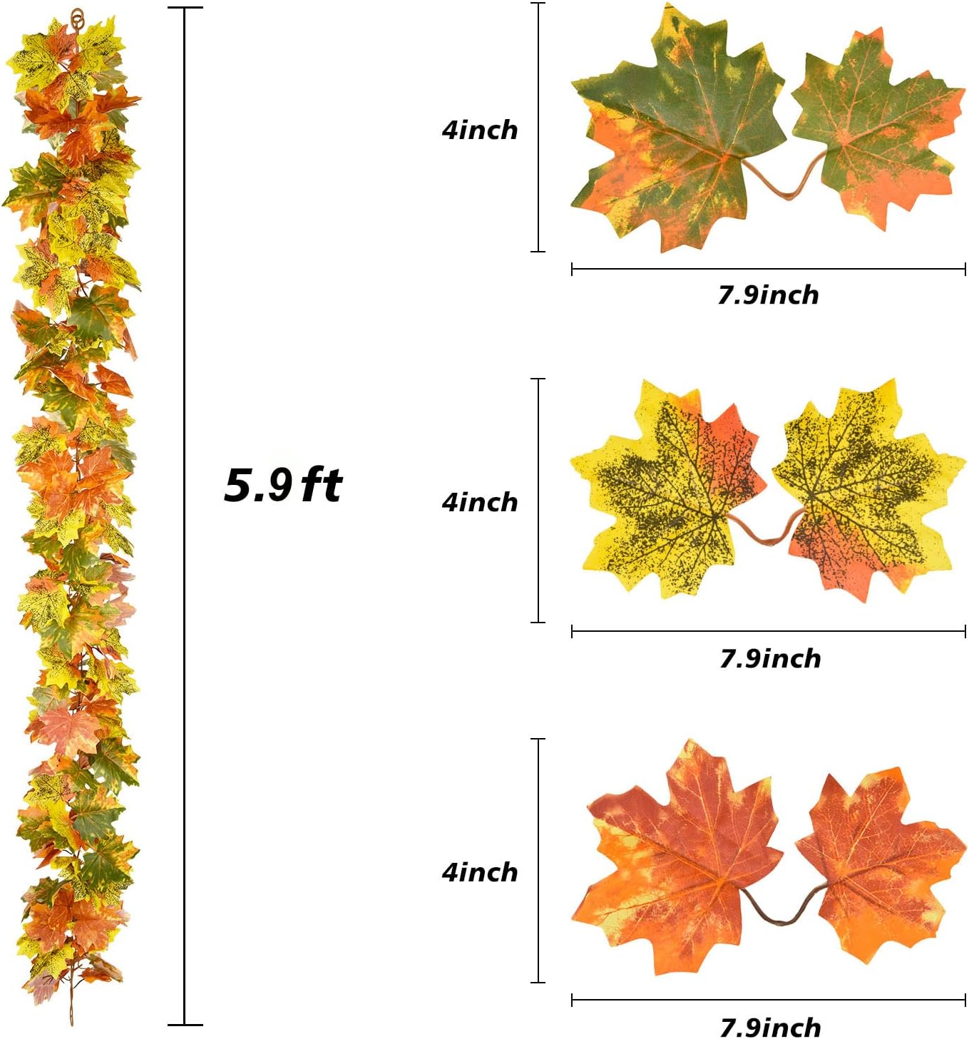 Lvydec 2 Pack Fall Maple Garland Clearance - 5.9ft/Strand Artificial Fall Garlands Assorted Color Leaves Autumn Decor for Home Wedding Halloween Thanksgiving Party