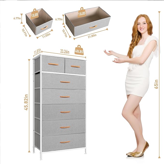 Mifuro Tall Dresser for Bedroom, Vertical Storage Organizer Tower with 7 Drawers, Chest of Drawers with Fabric Bins, Steel Frame, Wood Top for Bedroom, Closet, Entryway- Light Grey