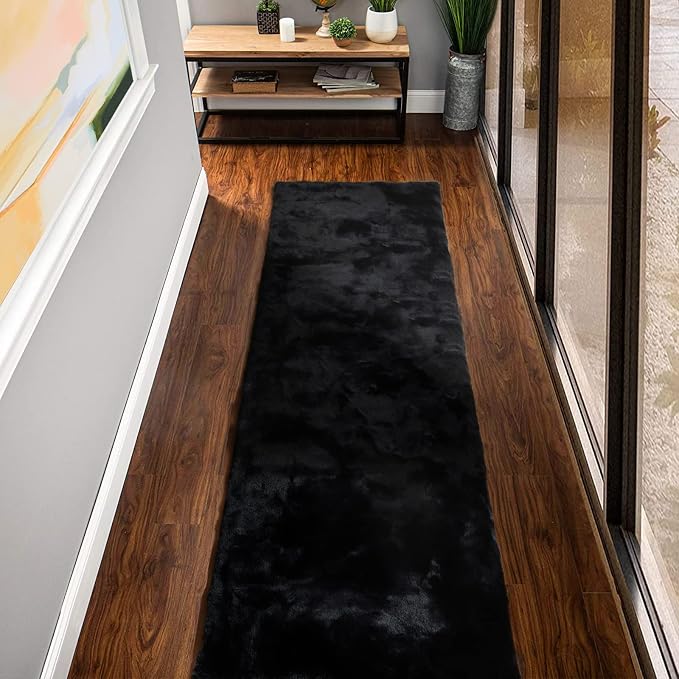 ORINOVA Fluffy Black Fuzzy Faux Rabbit Washable Shaggy Fur Rug for Living Room Bedroom Rugs Runners Rugs for Hallway 2x10 Nursery Rug