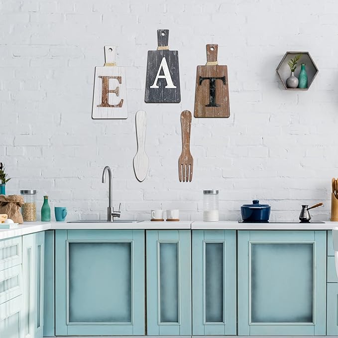Jetec Cutting Board Eat Sign Set Hanging Art Kitchen Eat Sign Farmhouse Fork and Spoon Wall Decor Rustic Primitive Country Kitchen Decor for Home over Cabinet Decoration(White, Grey, Dark Brown)
