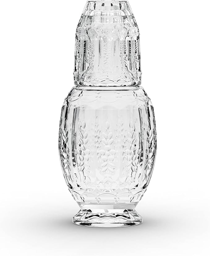 Elle Décor Vintage Bedside Water Carafe with Tumbler – Elegant Pitcher and Matching Drinking Glass Doubles As Lid For Guest Room, Office, or as a Gift, 4.7x10.4, Clear