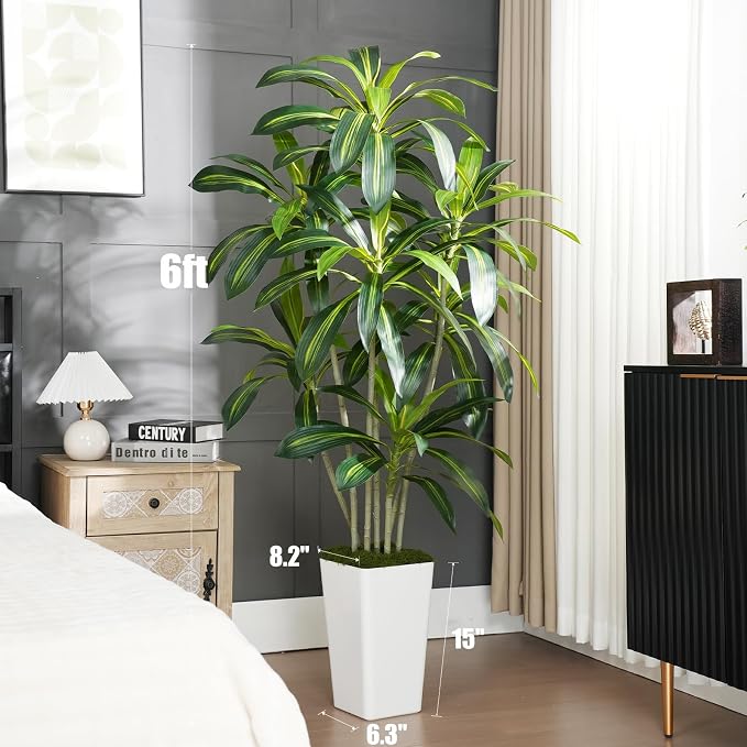 Dracaena Plant Artificial Tree 6Ft Tall Fake Tropical Floor Plants Potted (Real Touch) Artificial Silk Tree Leaf Faux Trees White Tall Planter for Home Office Living Room Indoor Outdoor Decor