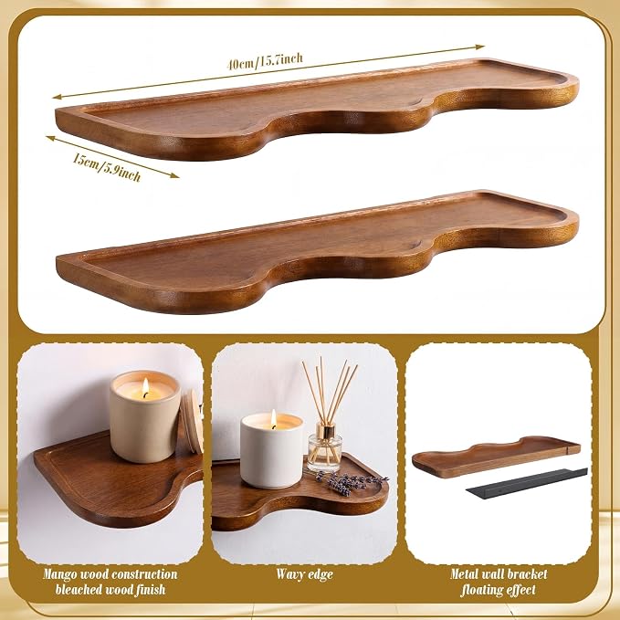 Pinkunn 2 Pcs Floating Shelves for Wall Wood Scalloped Floatings Shelf Live Edge Floating Shelves Modern Scalloped Mounted Shelf Farmhouse Wall Decor for Home Bedroom Kitchen(15.8" X 6", Wave, Walnut)