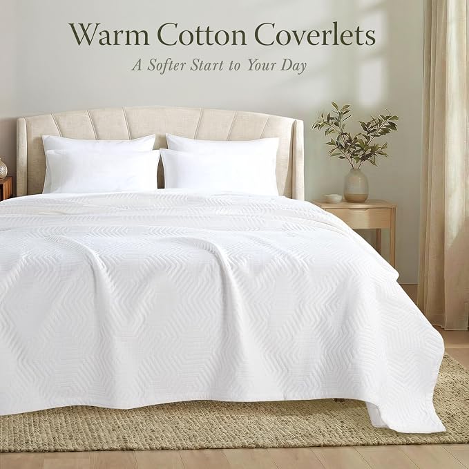 Threadmill Luxury Cotton Blankets for Queen Size Bed | All-Season 100% Cotton Queen Size Blanket | Aster Jacquard Cozy Lightweight, Soft Breathable Coverlet fits Full Size Bed, 90x92 | White