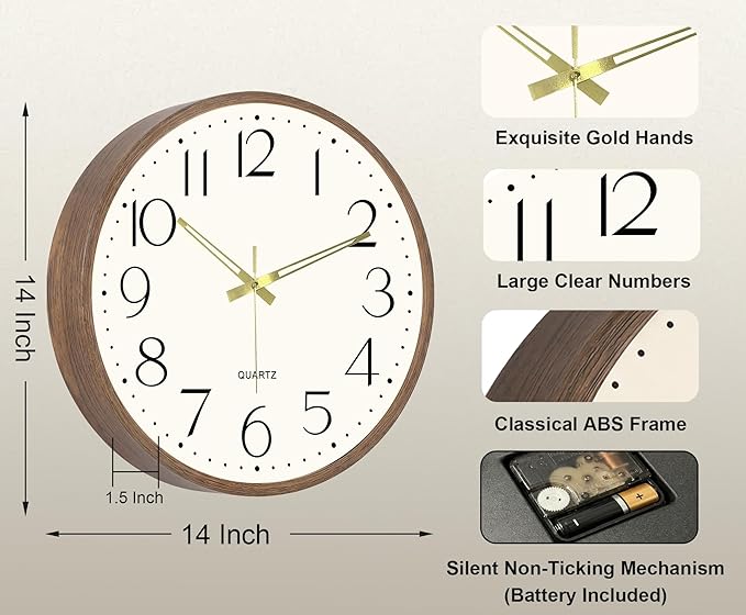 Vintage Wall Clock 14 Inch Quartz Silent Non-Ticking Analog Clock Battery Operated Rustic Round Decorative Clock for Living Room Kitchen Home Office Classroom