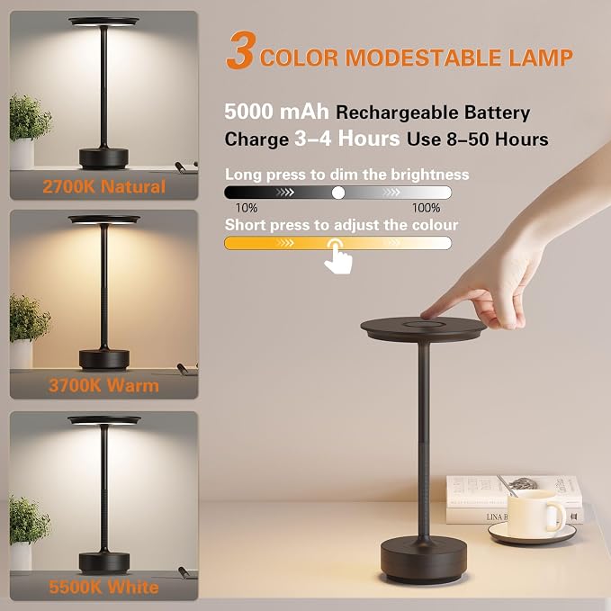 Rechargeable Cordless Table Lamps, Portable Battery Table Light.