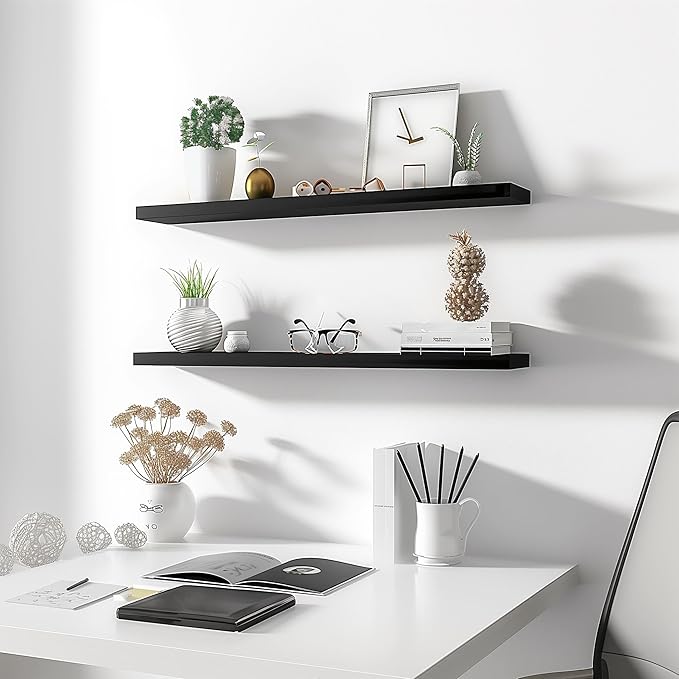 YYWUOJJ Wood Floating Shelves for Wall Decor, Rustic Wall Shelves for Bedroom Bathroom Kitchen Living Room, Set of 4 Black 36 Inch