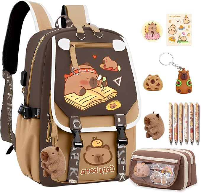 Waterproof Capybara Backpack，Large-capacity Kawaii capybara bag with 11-Piece Accessories (Badges, Pendants, Plush capybara, Stickers and others)