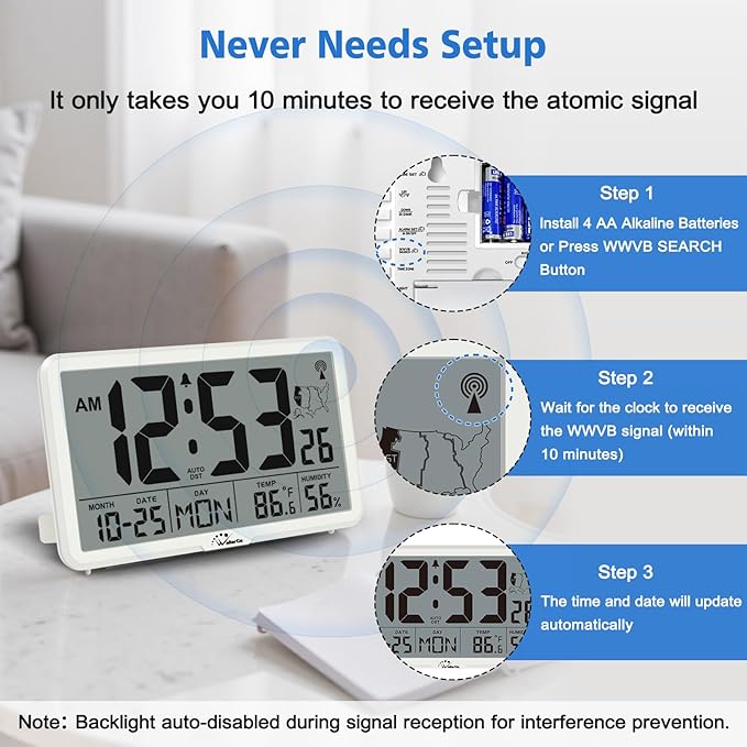 WallarGe Atomic Wall Clock with Backlight, Digital Wall Clock Battery Operated for Classroom, Bedroom, Office, Large Display with Indoor Temperature, Humidity, Date, AUTO DST, 6 Time Zones