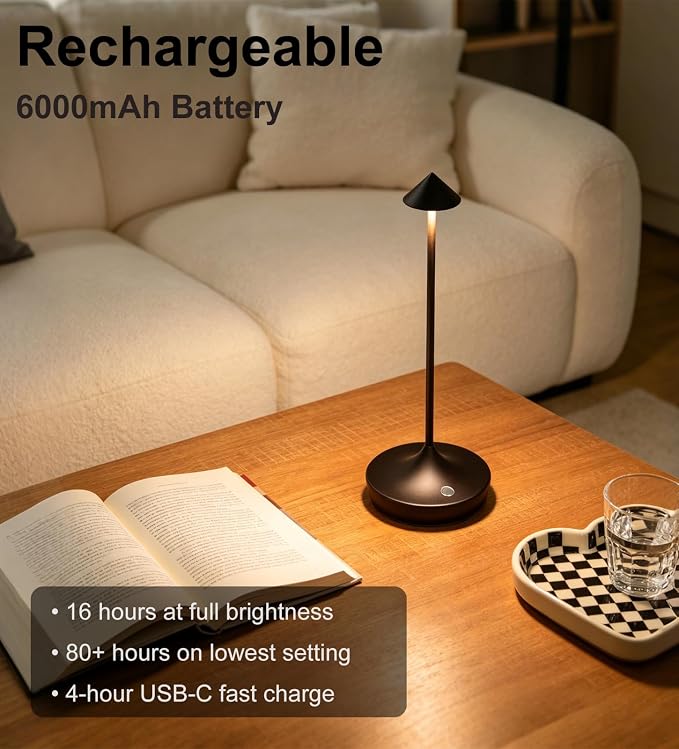Rechargeable Cordless Table Lamp, Battery Operated LED Lamps | 3-Color Stepless Dimmable, Portable IP54 Waterproof Outdoor Lamps for Patio Dining Bar Home Office (2-Pack Black)