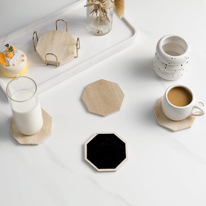 Octagonal Travertine Coasters Set of 6 with Holder, Farmhouse Rustic Neutral Stone Coaster for Home Table Decor, Porous Natural Travertine Absorbent Drink Coasters, Velvet Backed
