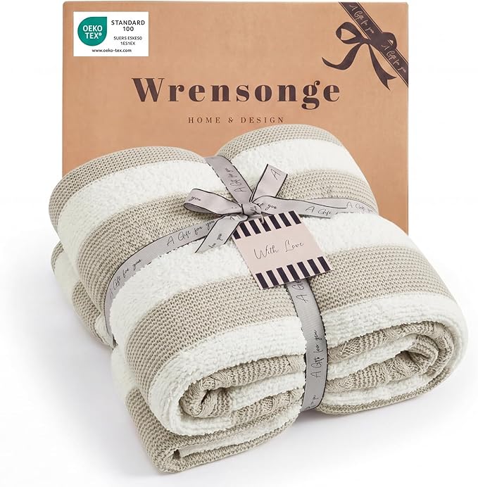 WRENSONGE Soft Throw Blanket for Couch-Cozy Reversible Knitted Blankets | Lightweight Warm Fluffy Decor for Women, Mom, Her & Girls, Sofa, Chair, Bed, 50x70in, Feather Yarn Khaki