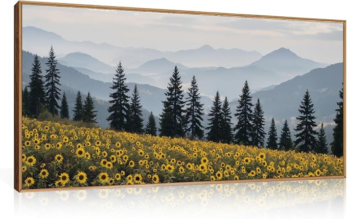 HPNIUB Large Boho Mountain Sunflowers Framed Canvas Wall Art Set, Nature Pine Tree Landscape Wall Decor, Misty Forest Art Print, Rustic Wildflower Painting Artwork for Living Room, Bedroom,Office -20''x40''