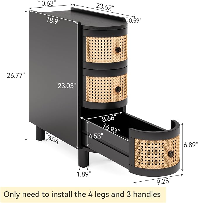 LITTLE TREE Solid Wood End Table Set of 2, Rattan Narrow Side Table with 3 Drawers, No Assembly Required, Nightstand Bedside Tables for Living Room, Bedroom, Office, Bathroom, Black