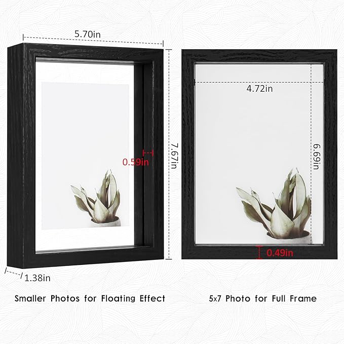 MUYE 5x7 Floating Frames Set of 2,Double Glass Picture Frame Display Any Size Photo up to 5x7,Wall Mount or Tabletop Standing,Black