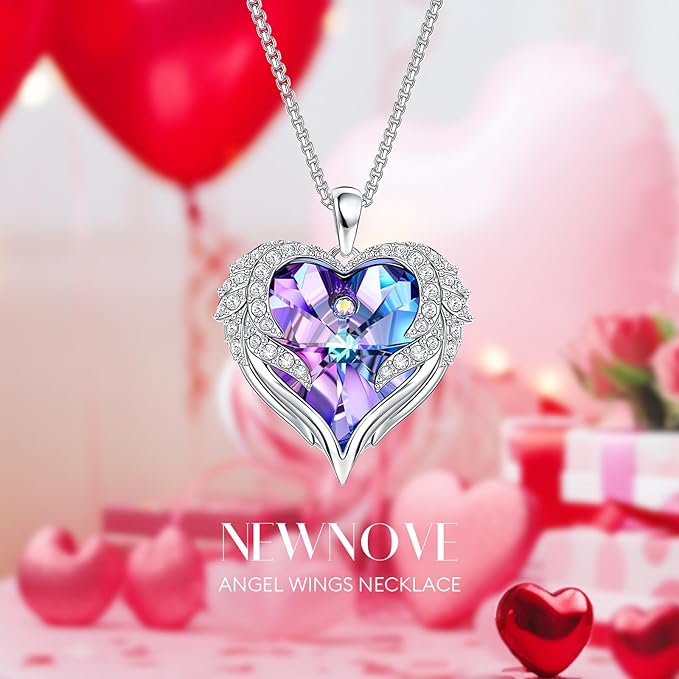NEWNOVE Preserved Real Purple Rose with Angle Wings Necklace, Valentines Day Flowers Gifts for Mom Grandma Wife Girlfriend, I Love You Gifts for Her, Anniversary or Birthday Gifts for Women