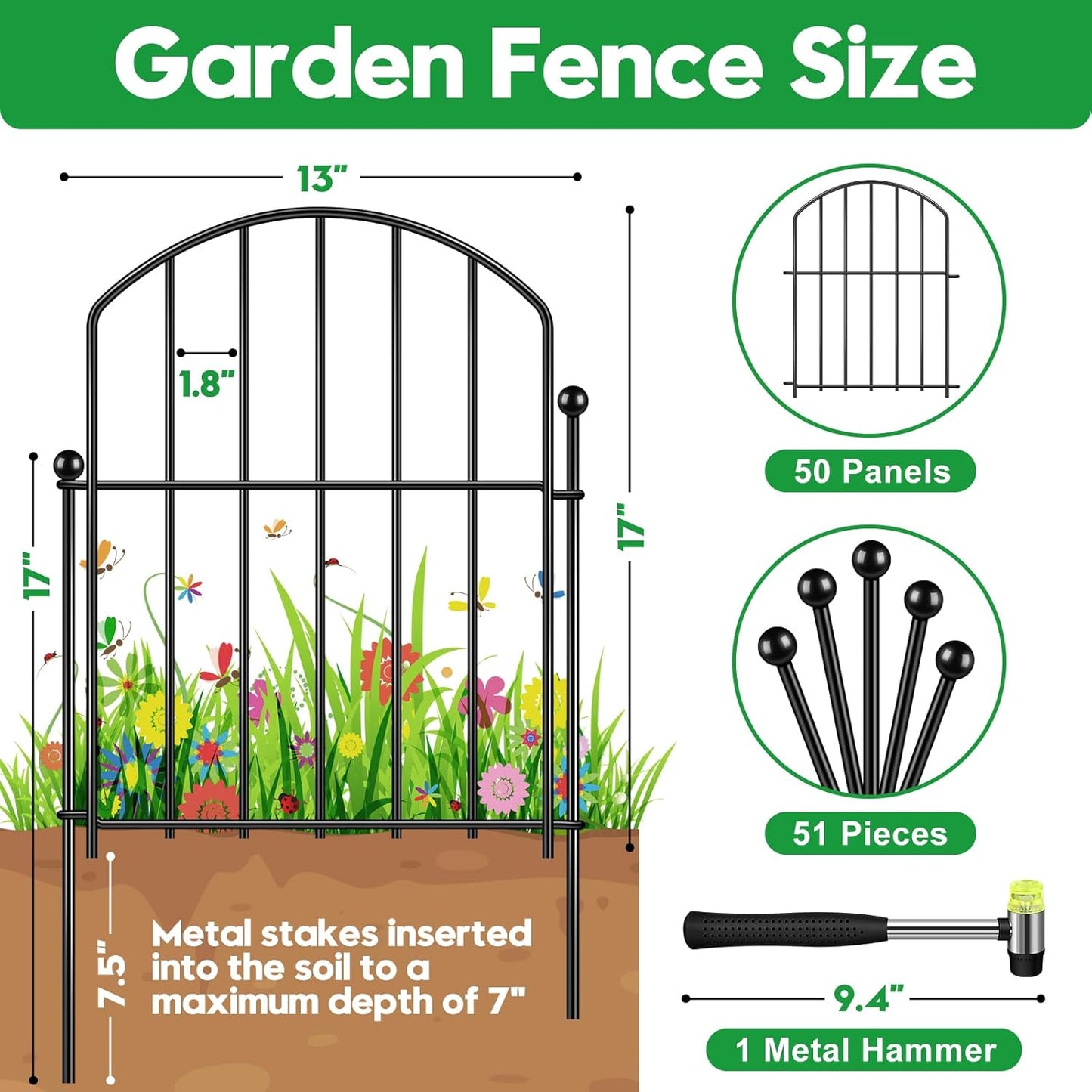 Decorative Garden Fence 17in (H) x50ft (L), Arched Rustproof Metal No Dig Fence for Dogs & Rabbit, Ornamental Animal Barrier for Flower Beds, Border Panels Fencing for Yard & Patio Outdoor Decor