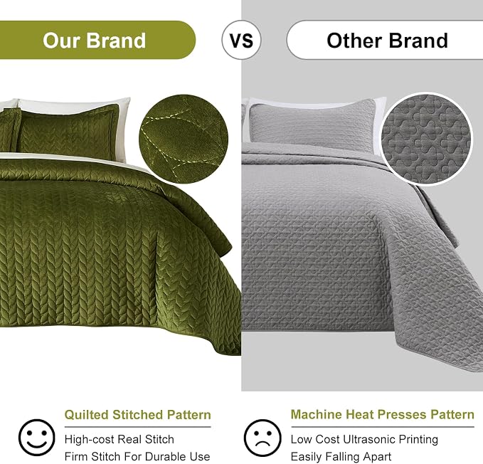 Ivellow Velvet Quilt King Size, Green Lightweight Bedspread Full Soft Reversible Coverlet for All Season 3Pcs Luxury Velvet Comforter with Brushed Microfiber Back Leaf Embroidered Quilted Bedding Set