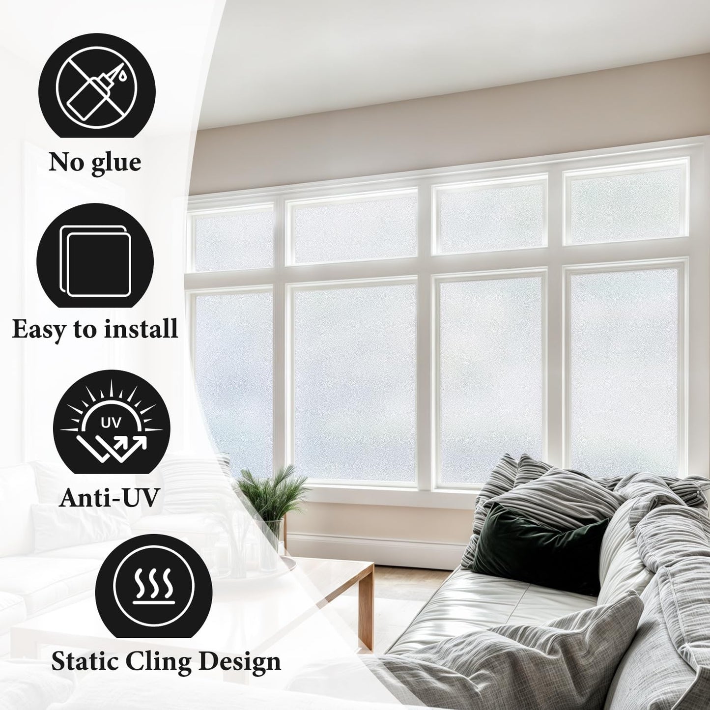 DUOFIRE Privacy Window Film Natural Frosted Glass Film Static Cling Glass Film No Glue Anti-UV Window Sticker Non Adhesive for Privacy Office Meeting Room Bathroom Living Room 47.2in. x 118in. S001
