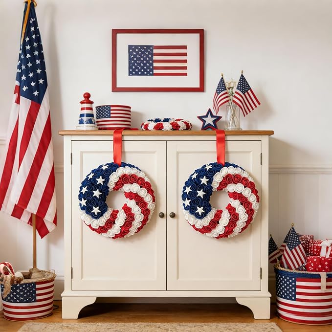 Idyllic 2 Pcs Patriotic Wreaths, 10 Inch 4th of July Decorations with Red White Blue Roses & Stars - Independence Day Wreaths for Front Door, Double Pack Holiday Decor