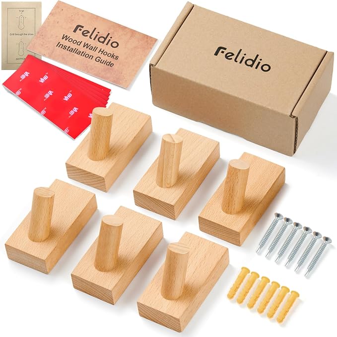 Felidio Natural Wooden Wall Hooks, Adhesive & Screw Mount Coat and Towel Hooks - Decorative Key Holder, Hat Rack, Stocking Wall Hangers for Bathroom Entryway Closet - 6 Pack, Beech Wood