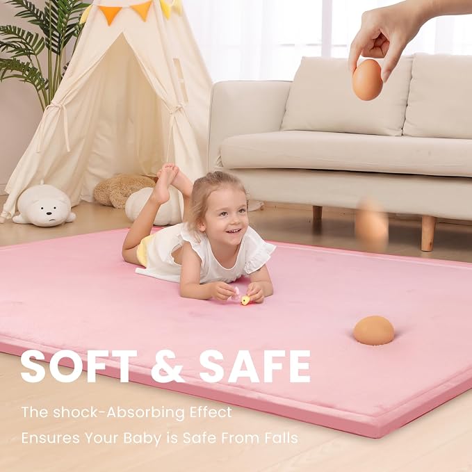 Huloo Sleep Ultra Soft Baby Play Mat for Floor,1.3" Thick Elasti-Foam 47x47 Play Mat for Playpen,Water-Repellent Coral Velvet for Tummy Time, Non-Slip Backing Safe for Toddlers & Infants（Pink）