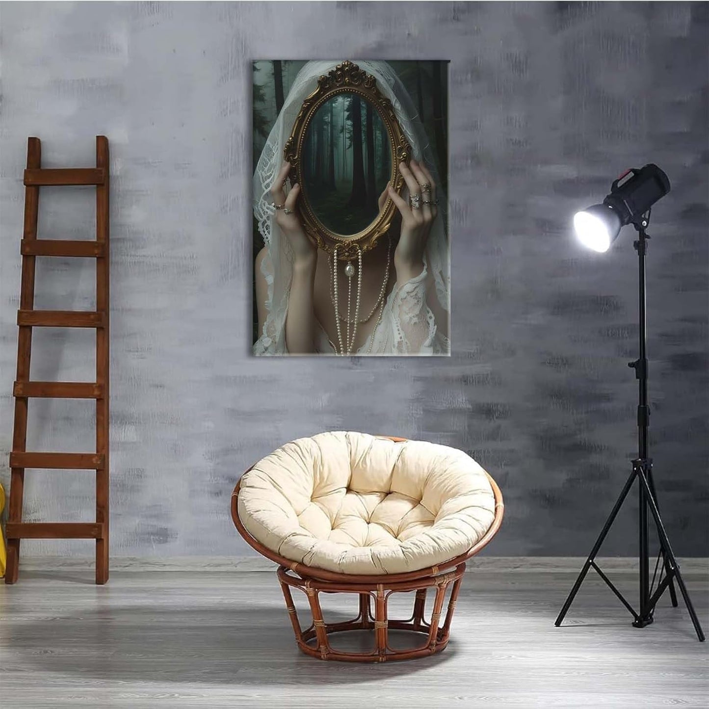 Mirror face covering dark art poster print melancholy gothic painting vintage feminine print victorian style decoration antique art12x16in Wood Framed