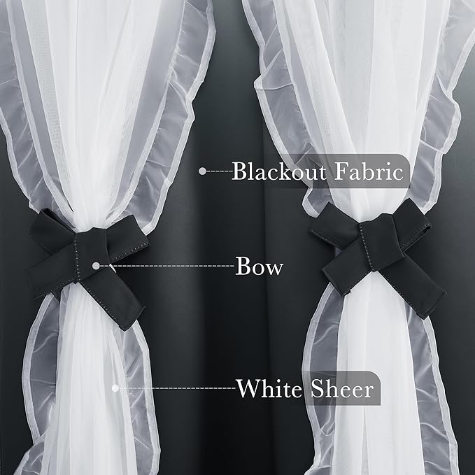 PONY DANCE Ruffle Curtains Double Layers Gradient Decoration with Sheer Overlay, French Country Rustic Design Window Covering with Tiebacks, 52" Wide x 84" Long, Ombre-Black, 2 Panels