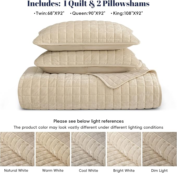 PHF Luxurious Velvet Quilt Set Queen Size – 3PCS Super Soft Quilted Comforter Alternative with Square-Box Quilt Pattern, Warm Quilted Bedspread Coverlet, 90" x 92", Oxford Tan