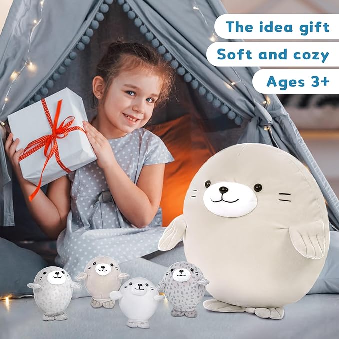 MaoGoLan 5Pcs Fat Seal Plush with 4 Babies Inside - 20" Giant Ultra Soft Seal Stuffed Animal Throw Pillow - Squishy Mother-Babies Collection Gift for Seal Lover,Kids,Boys, Gray