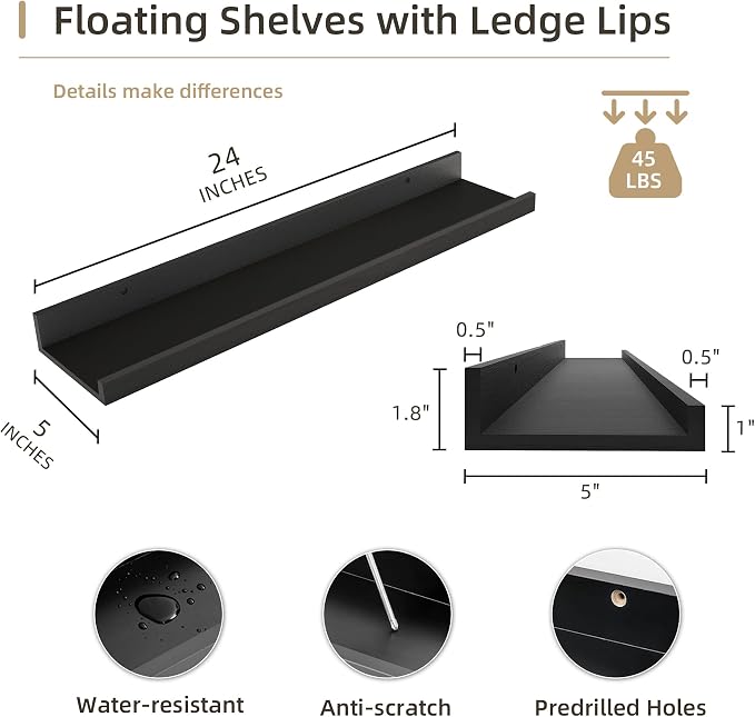 Acovy 24 inch Picture Ledge Shelf, Wood Floating Shelves Set of 4, Black | Wall Mounted, For Living Room Kids' Room Bedroom, Photo Ledge Nursery Book Shelves