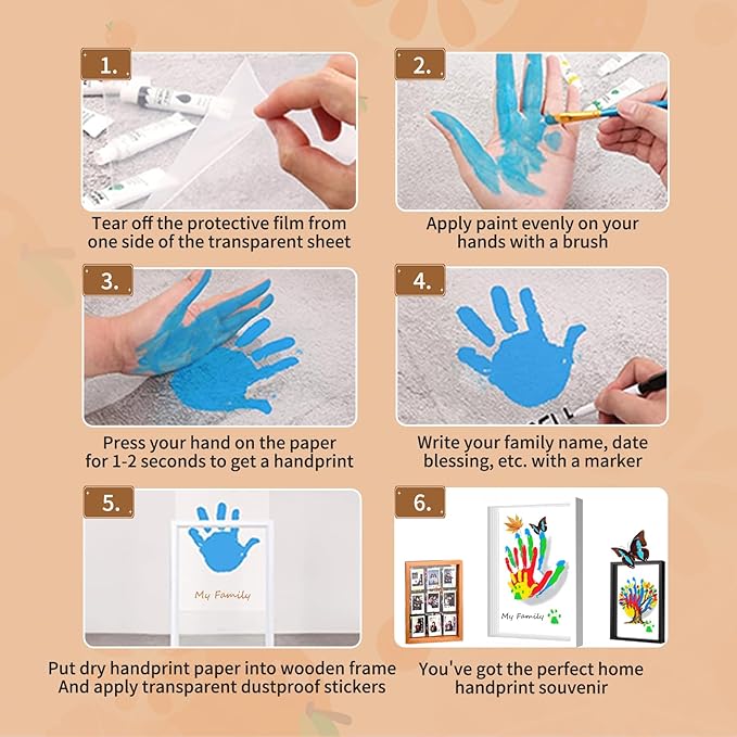 Family Handprint & Hand Casting Kit – DIY Craft Keepsake with Wooden Frame, Non-Toxic Paints, Baby Footprin Kit – Perfect Gifts for Grandparents, New Parents & Families (White, 4 Transparent Sheets)