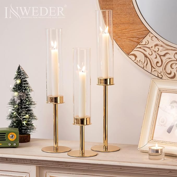 Hurricane Taper Candle Holders: Gold Glass Candlestick Holder Tall Candle Sticks Holder Decor with Glass Cover for Wedding Table Centerpiece Party Birthday Christmas Home Mantel Set of 6