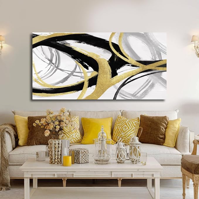 Large Black and Gold Line Wall Decor Modern Abstract Framed Wall Art Neutral Textured Canvas Prints Pictures for Living Room Office Artwork 29"x58"