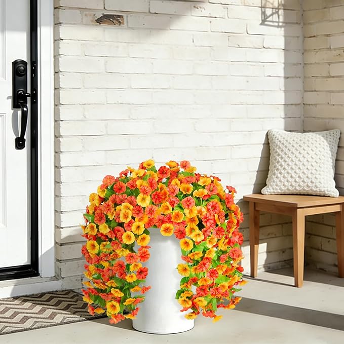 INXUGAO Artificial Fake Hanging Flowers Plants for Outdoor Decoration, 2PCS Faux Silk Morning Glory Long Vines Stems UV Resistant Look Real for Spring Summer Outside Home Porch Patio, Orange Yellow