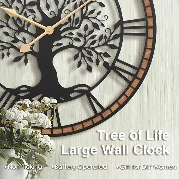 Micasso Farmhouse Large Wall Clock: 24Inch Rustic Tree of Life Metal with Wood Frame - Vintage Battery Operated Wall Clocks for Living Room/Office/Bedroom - Home Decor for Fashion-Conscious