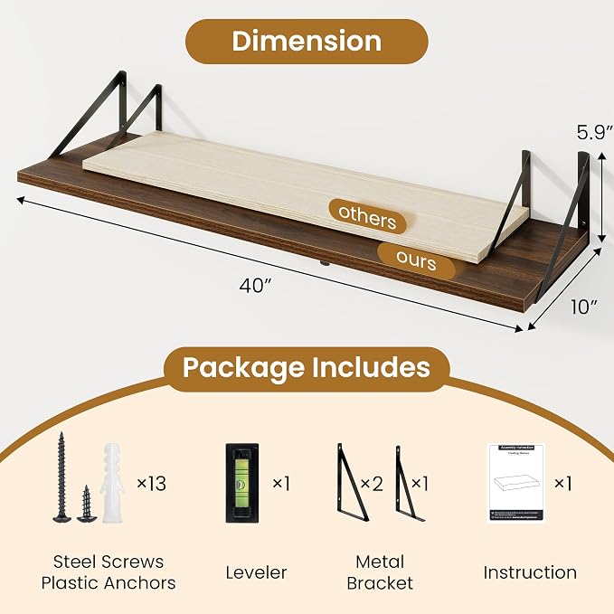 Acovy Floating Shelves for Wall,40" Wall Mounted Shelves Set of 2,Long Wood Floating Shelves,Hanging Wide Display & Storage Shelf with Metal Brackets for Bathroom,Bedroom,Kitchen,Living Room,Walnut