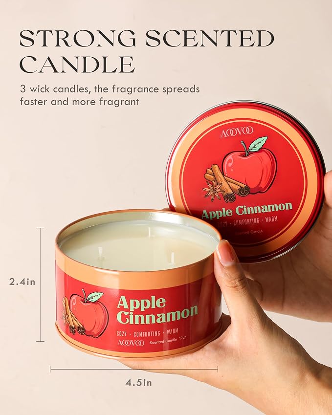AOOVOO Apple Cinnamon Candle - 3 Wick 12oz Large Fall Candles, Soy Wax Strong Scented Candle Non Toxic, Long Lasting Aromatherapy Candle for Home, Autumn Candle Gift for Women Men