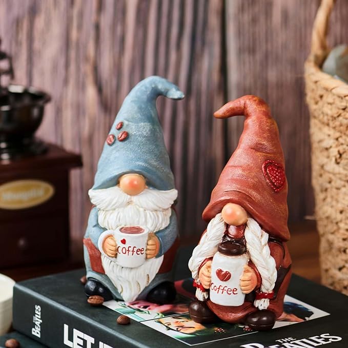 Coffee Gnomes Coffee Table Decor - Coffee Bar Accessories Tabletop Kitchen Office Home Coffee Bar Decor Counter Decor Christmas Valentine Resin Gnome Collectible Figurines For Coffee Lover (2pack)