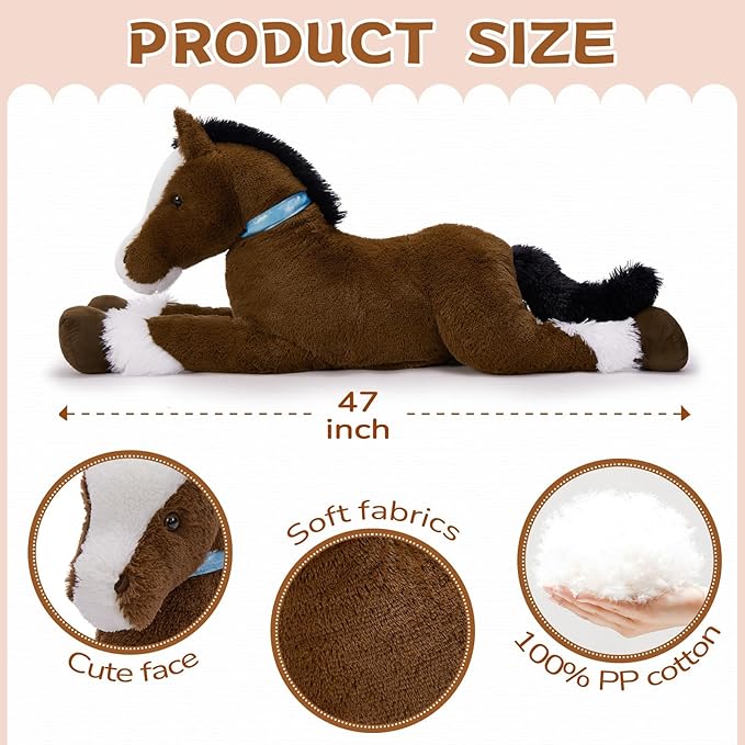 MaoGoLan Large Horse Stuffed Animal for Boy, Big Horse Plush Toy for Girl, Ridable Stuffy Pony for Kids, Coffee Stuffed Pony Plush Pillow for Birthday Gifts Baby Shower Party Favor Decor, 47 inches