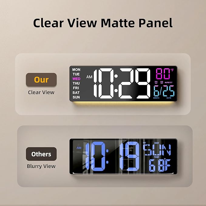 EASYERA 16.5" Large Digital Wall Clock with Anti-Glare Display, RGB Lights with 10 Scenes Mode Remote Control, Adjustable Brightness, Dual Alarms, Auto DST, BT Sync, Temperature for Living Room