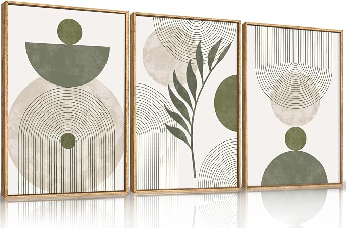 DRACIT Large Sage Green Boho Framed Canvas Wall Art Set,Abstract Modern Beige Green Arch Wall Decor,Minimalist Leaf Lines Artwork for Living Room,Bedroom,Office-24 x36 x3